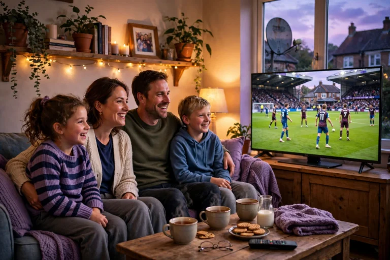 UK family watching IPTV football at home after switching from Sky